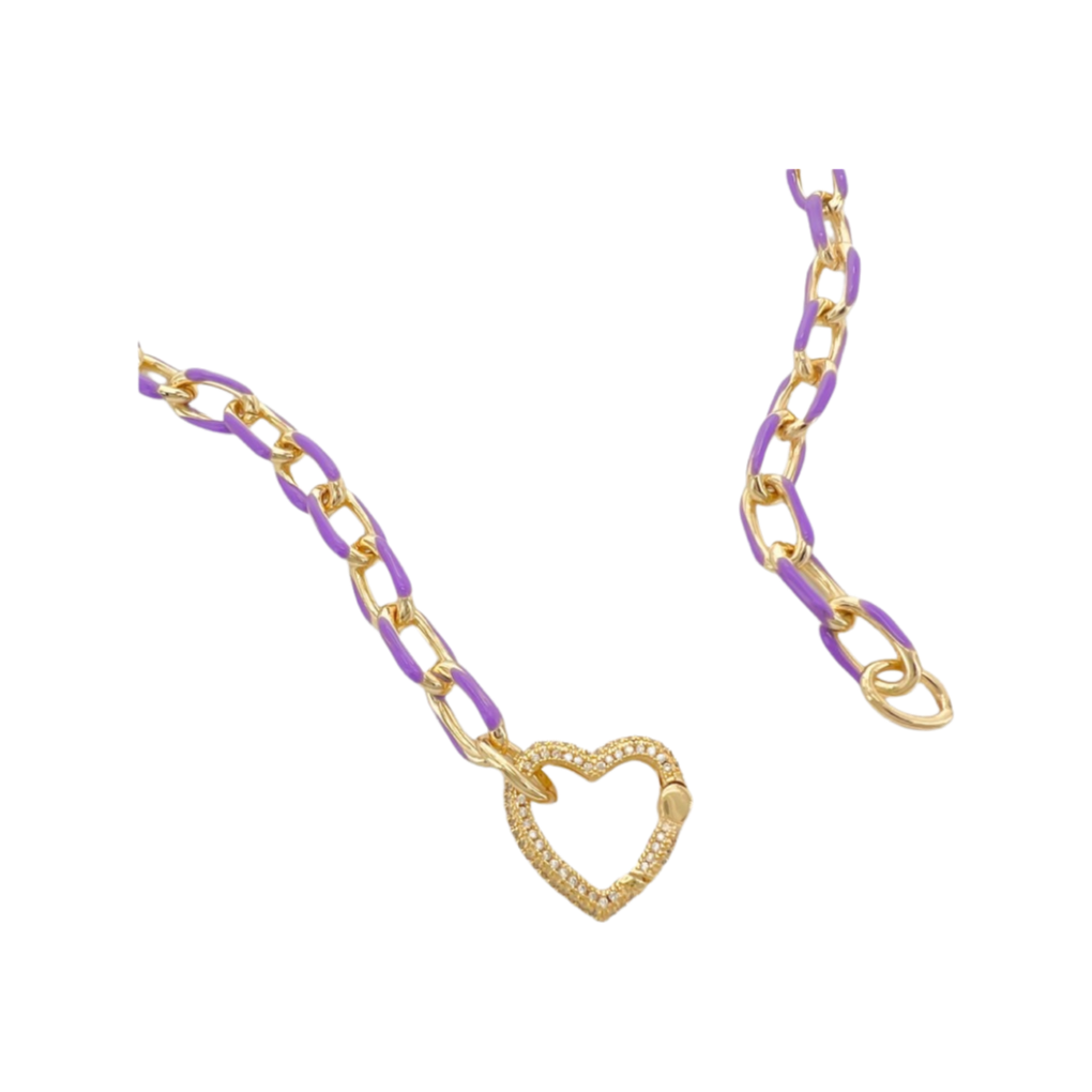Necklace- M&E Bling Heart CZ Enamel Paperclip Chain