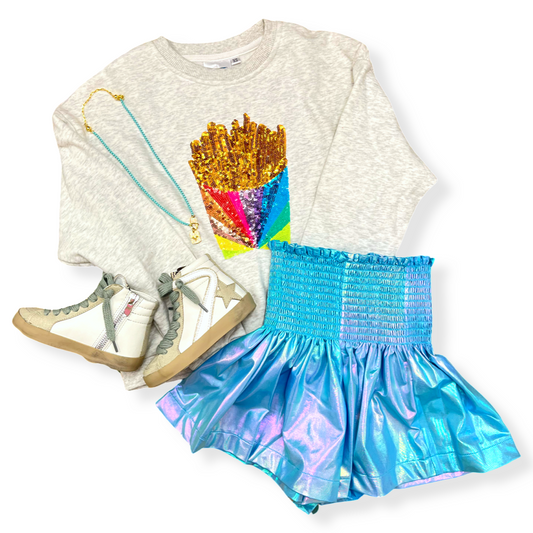 Girls- Queen of Sparkles Iridescent Aqua Pleat Swing Shorts