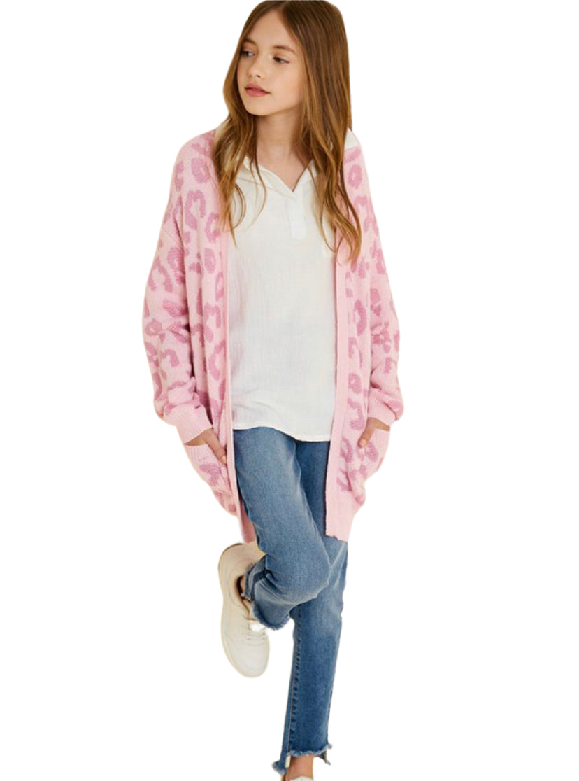 Girls- Hayden Girls Pink Animal Print Sweater Cardigan