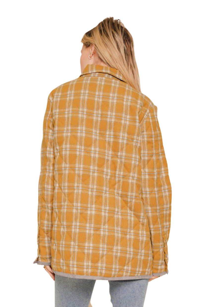 Apparel- Hem and Thread Quilted Plaid Jacket Mustard/ Gray