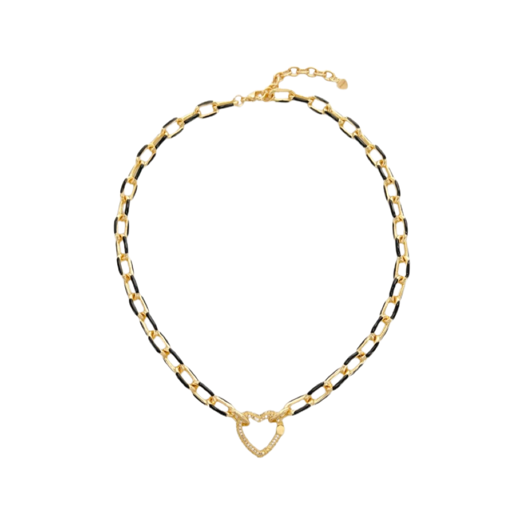 Necklace- M&E Bling Heart CZ Enamel Paperclip Chain