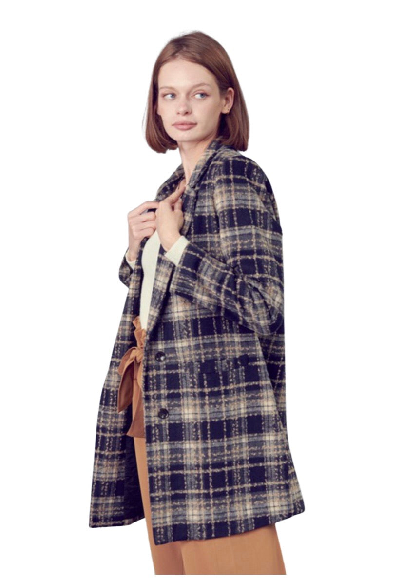 Apparel- En Merci Check Collard Neck and Notched Lapels  Peacoat