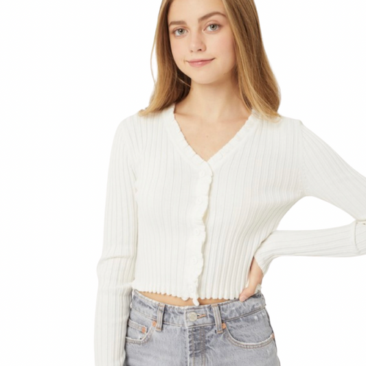 Apparel- Love Tree Lettuce Trim Button Up Cropped Cardigan Top