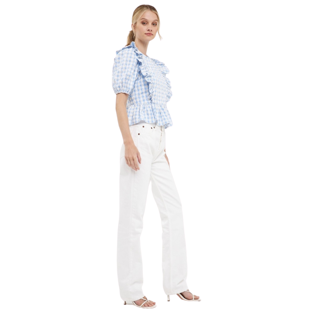 Apparel- English Factory Embroidered Gingham Checked Ruffle Top in Blue