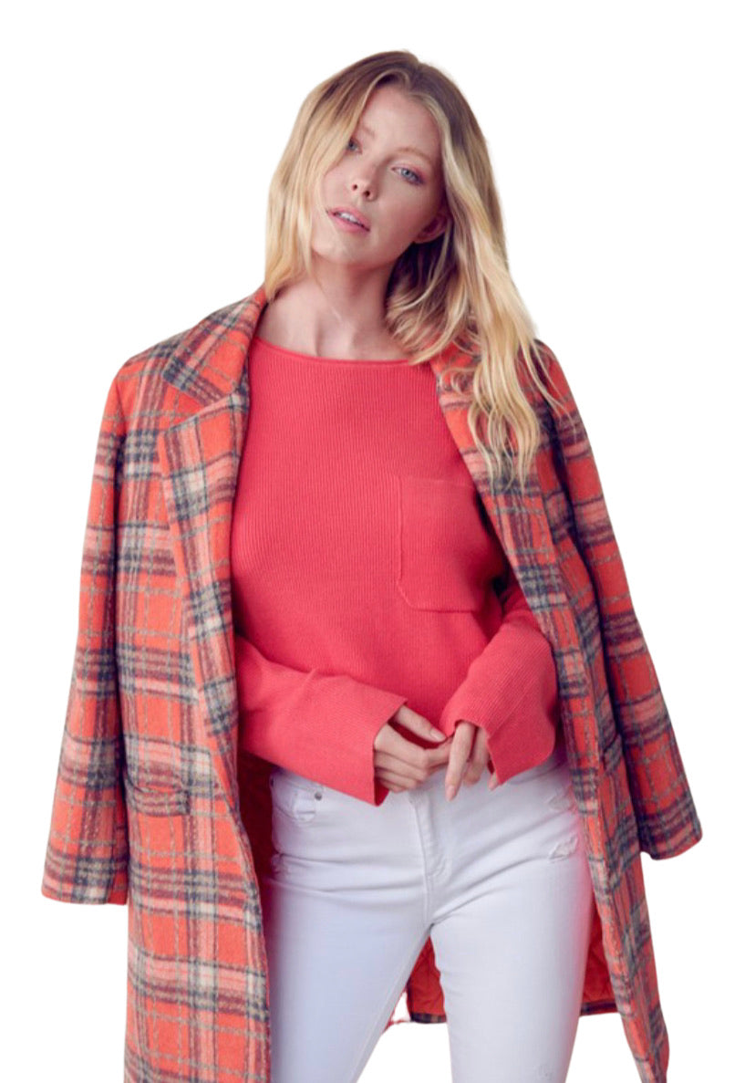 Apparel- En Merci Check Collard Neck and Notched Lapels Peacoat