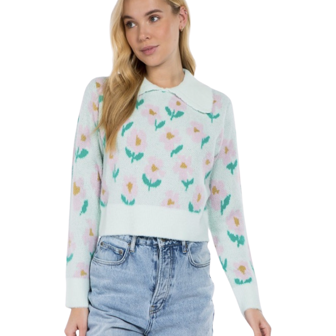 Apparel- Dreamers by Debut Collared Flower Pattern Sweater