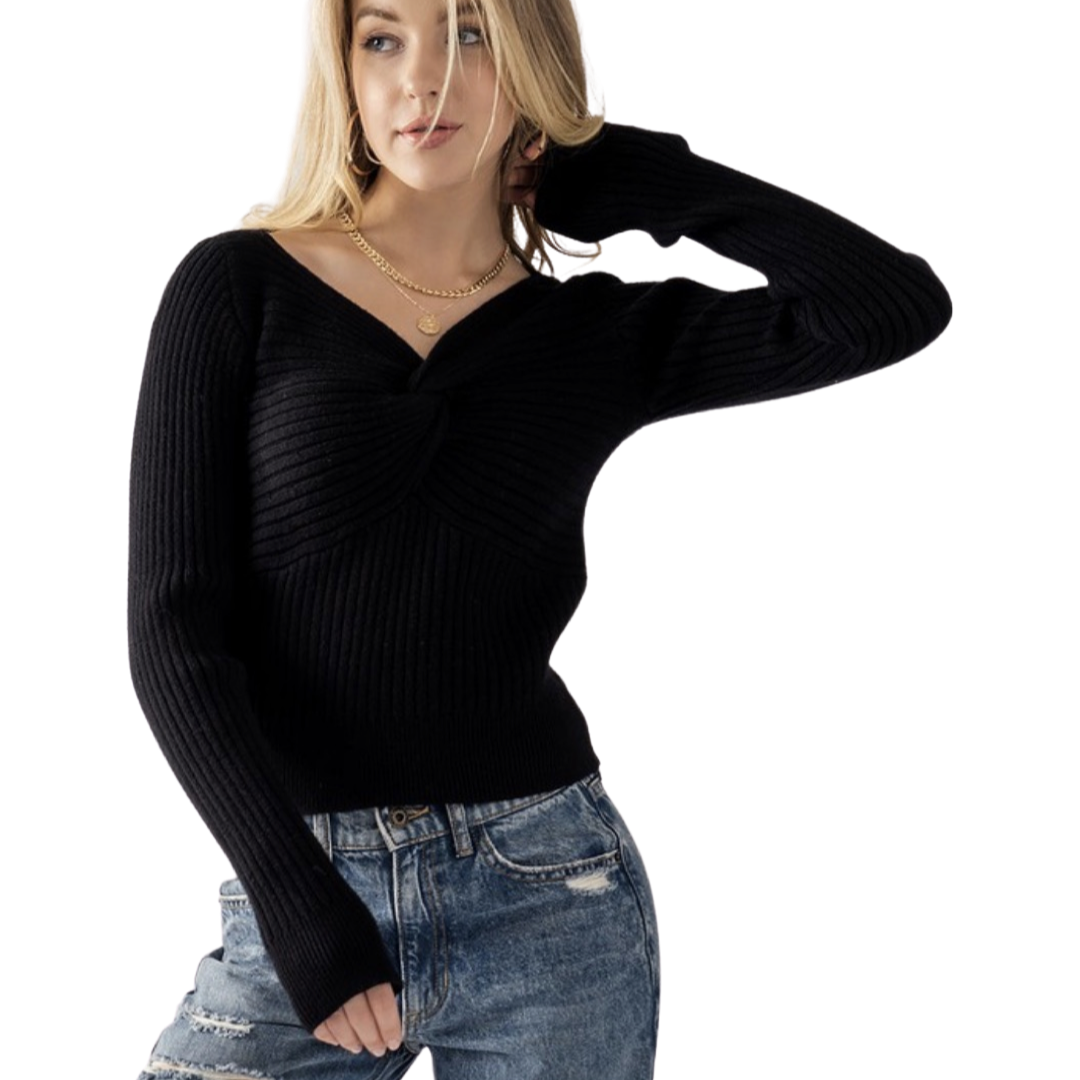Apparel- Trend Notes Stretch Knit Ribbed V Front Sweater Top