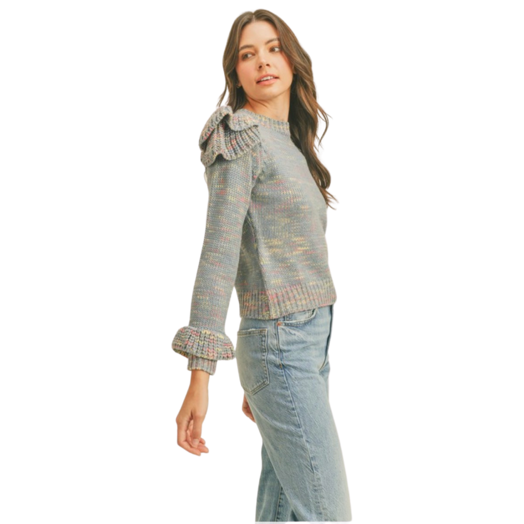 Apparel- En Merci Ruffled Shoulder Mix Knit Sweater