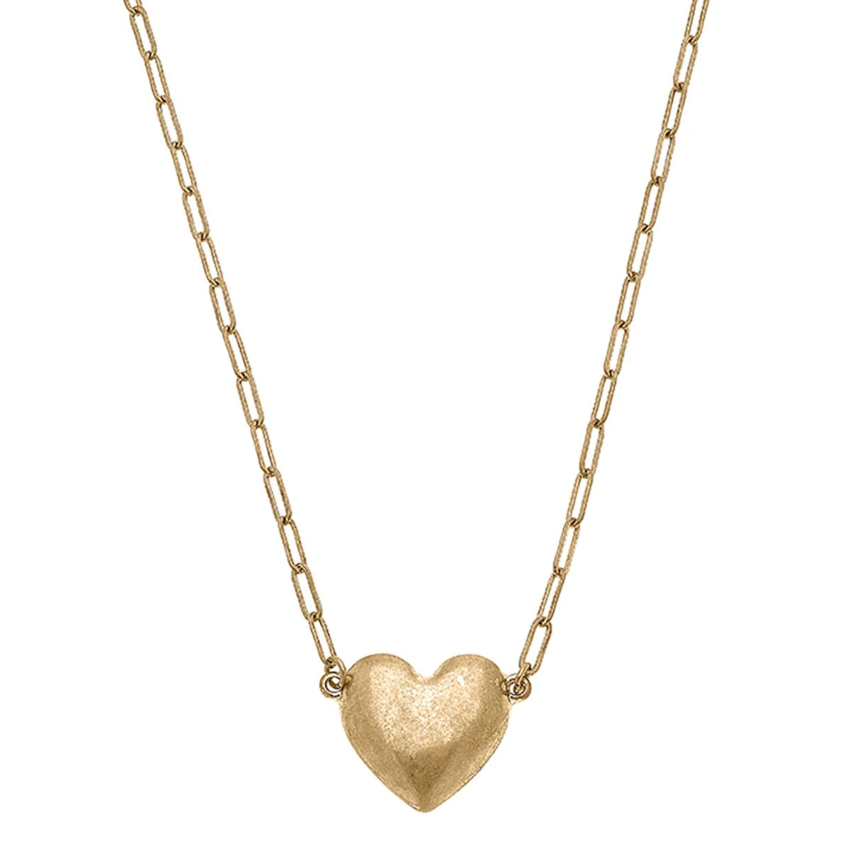 Necklaces- Canvas Shae Puffed Heart Paperclip Chain Necklace in Worn Gold